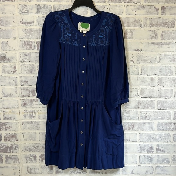 Anthropologie Sz 4 Dubois Embroidered Blue Tunic Dress Button Down Boho Cottage - Picture 3 of 10
